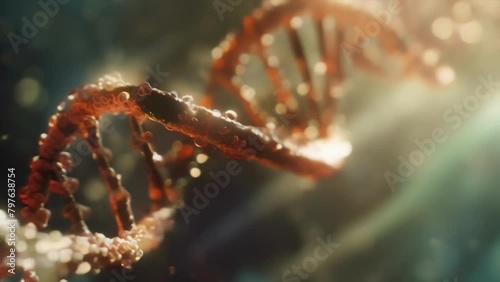 Closeup of a DNA double helix structure representing the fundamental building blocks of all living organisms and emphasizing the aweinspiring potential of gene therapy to alter and . photo