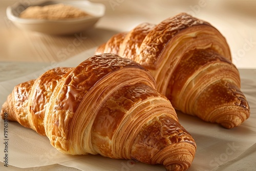 Golden Dough Delight: Two Croissants Basking in Morning Warmth