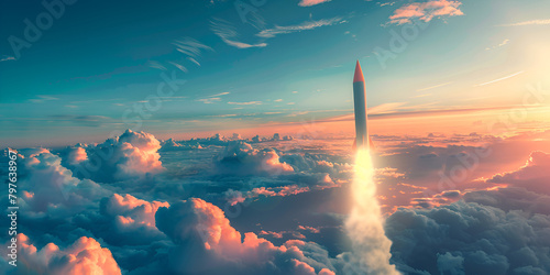 Powerful rocket pierces sunrise sky trailing fire as it breaks through sea of clouds
 photo
