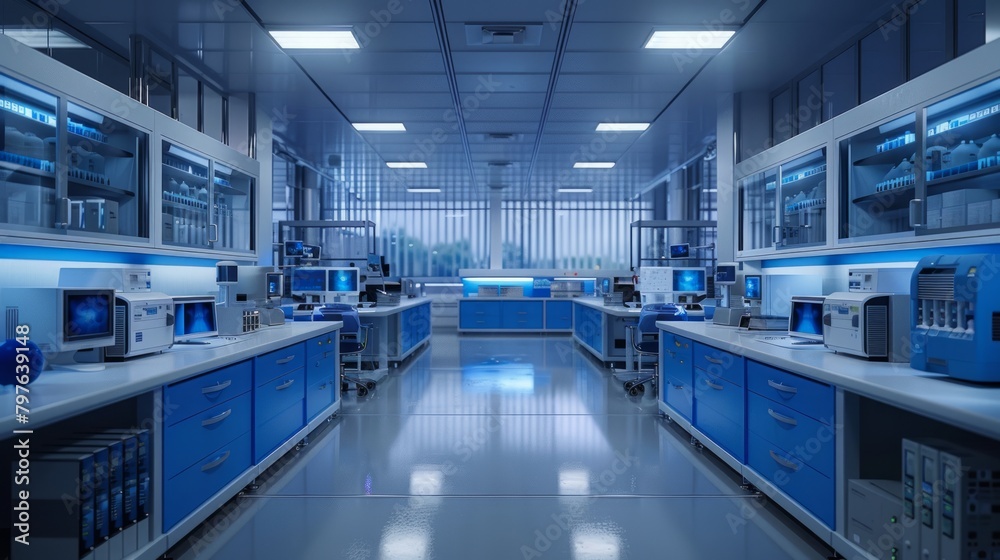 Spacious Modern Laboratory with Monitors and Blue Drawers Spacious Modern Laboratory with Monitors and Blue Drawers