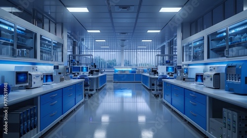 Spacious Modern Laboratory with Monitors and Blue Drawers