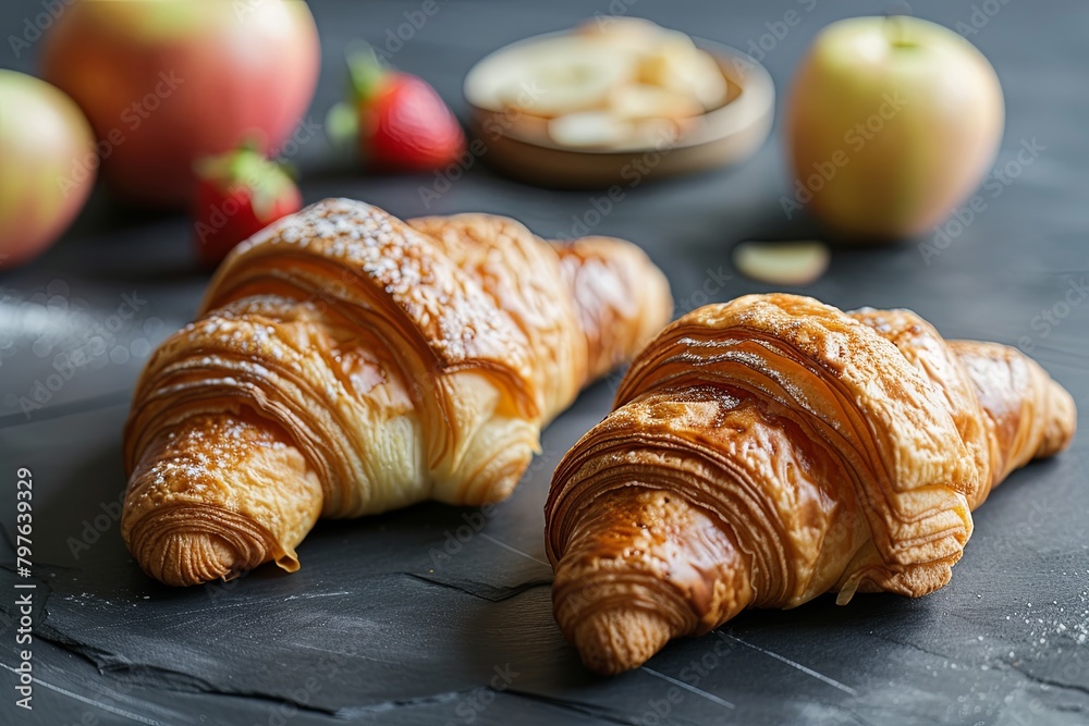Fresh & Tasty: Two Croissants Morning Delight in Dark Rustic Setting