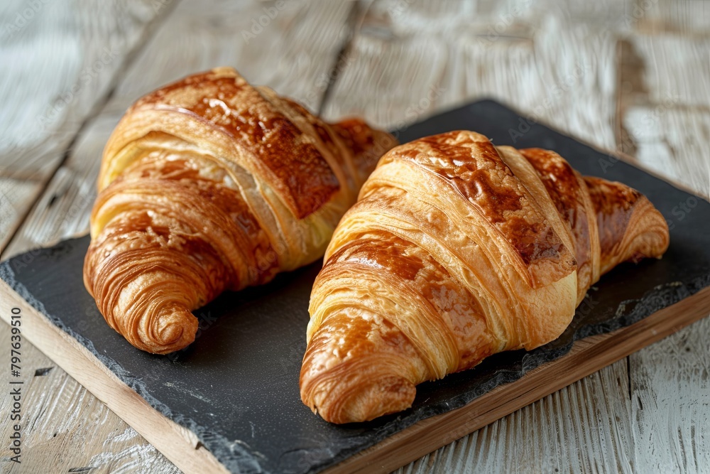 Crusty Pastries Galore: Two Croissants on a Fresh Rustic Dark Slate Board Crusty Pastries Galore: Two Croissants on a Fresh Rustic Dark Slate Board