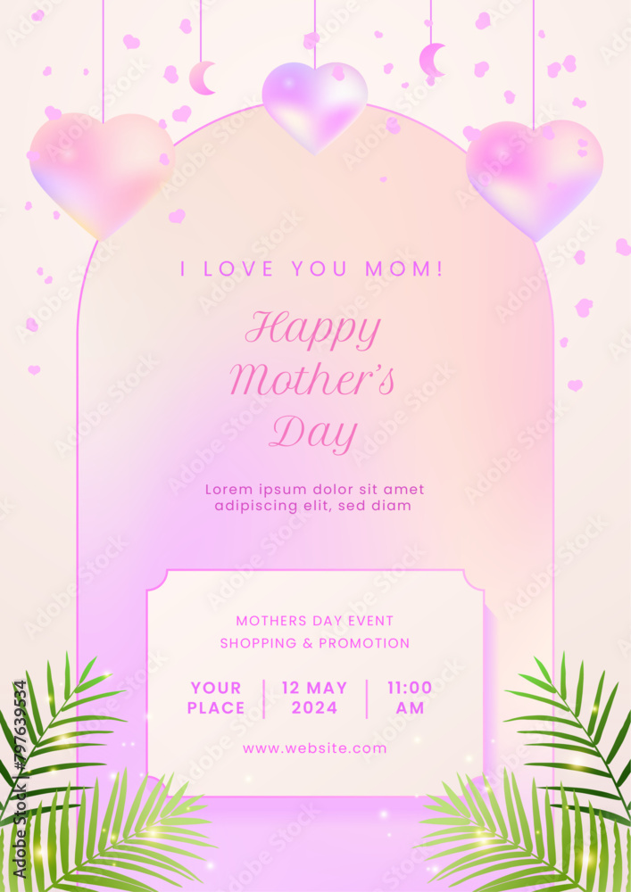 Mothers Day Card with 3d pink heart and blurred gradient background.