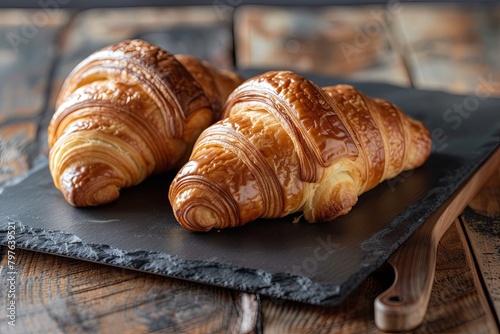 Bakery-Fresh Brunch: Two Croissants on Dark Slate Board of Crusty Pastries