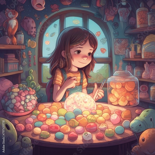 A curious young girl explores a magical shop filled with wonder and enchantment, gazing into a crystal ball as she imagines the possibilities. A whimsical illustration for fantasy and storytelling