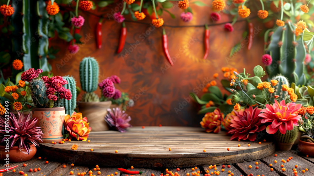 A wooden pedestal adorned with cactus plants for the Cinco de Mayo festival