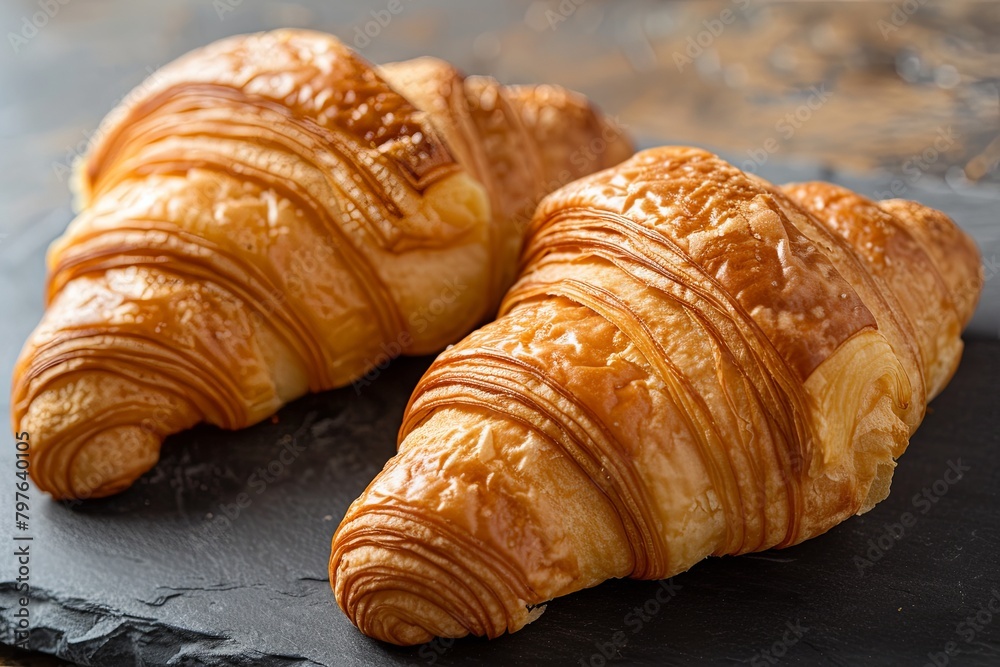 Golden Crust Delight: Two Tasty Croissants Breakfast on Textured Dark Board