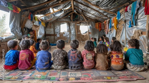 A makeshift classroom in a war zone, where children learn with determination, embodying resilience and hope. photo