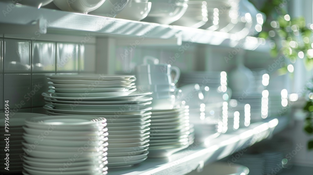 Obraz premium Bright Interior Highlights a Neatly Stacked Dishware Collection