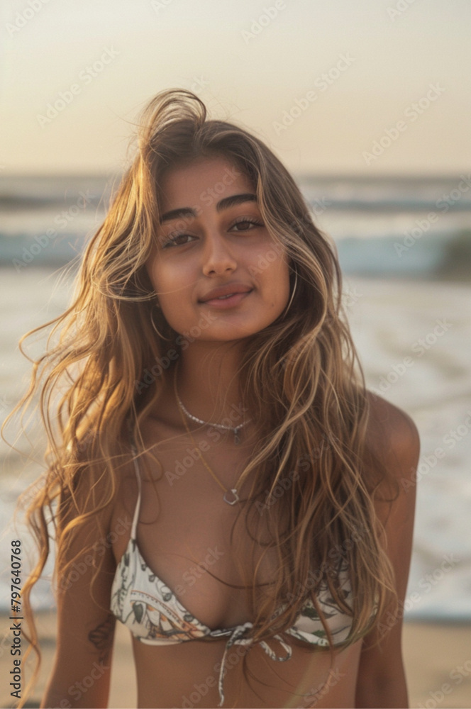 beautiful north Indian woman with a long wavy black hair with brown highlights, wearing beachwear, beach outfit, woman in her 20s, beach, standing at the beach, outdoor, summer vibes beautiful north Indian woman with a long wavy black hair with brown highlights, wearing beachwear, beach outfit, woman in her 20s, beach, standing at the beach, outdoor, summer vibes