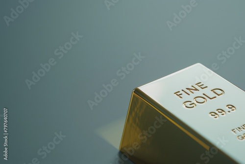 Close-up of a fine gold bullion bar on a grey background symbolizing wealth and investment. © Оксана Олейник