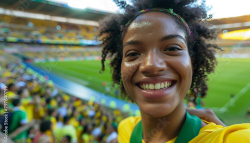 Selfie of spectator in the stadium celebrating with his team and the green and yellow colors. Brazil fans.  Woman