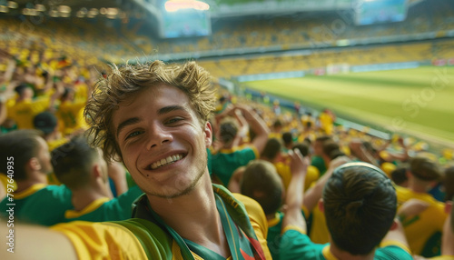 Selfie of spectator in the stadium celebrating with his team and the green and yellow colors. Brazil fans.  Man