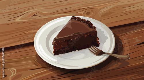 Plate with piece of chocolate cake on wooden table