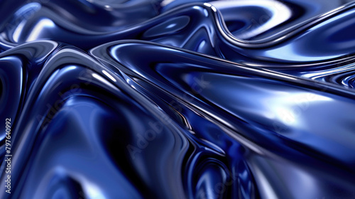 3D abctract liquid metal and glass in navy blue color as wallpaper background illustration photo