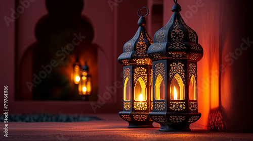 Ramadan Kareem with Arabic traditional light lantern Islamic mosque background