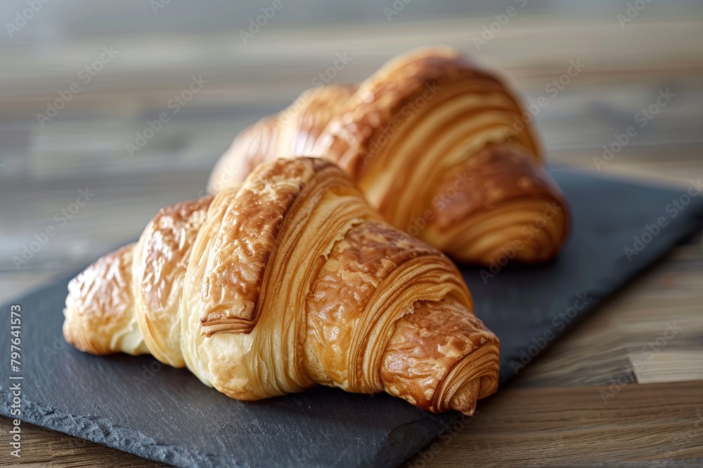 Crusty Edge Delights: Rustic Slate Setting for Two Fresh French Croissants