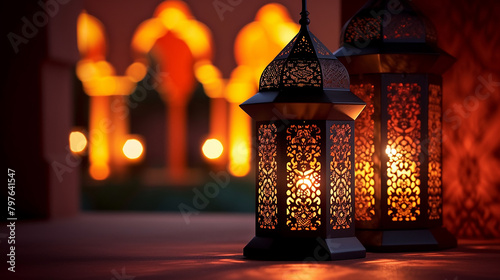 Ramadan Kareem with Arabic traditional light lantern Islamic mosque background