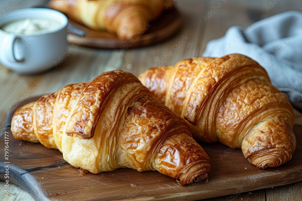 Golden Bakery Delights: Two Indulging in Warm Fresh Croissants for Breakfast Focus