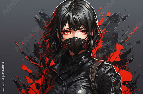 Anime  girl in a black mask  black leather suit with black hair.