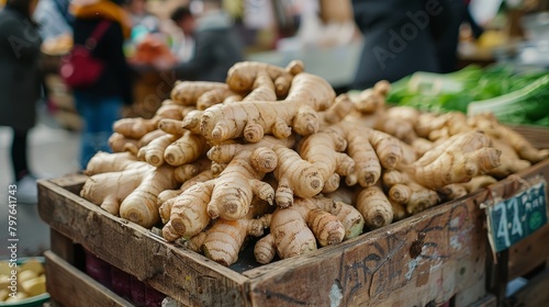 A wooden crate filled with a variety of fresh produce, including organic ginger roots, neatly arranged