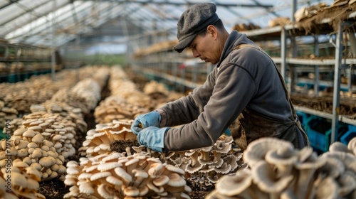 A man is picking up oyster mushrooms in a greenhouse. Mushroom beds stretch across the greenhouse in neat rows