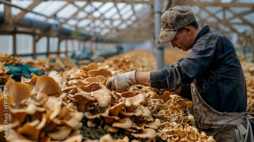 A man is working in a greenhouse filled with rows of oyster mushrooms, harvesting the mature fungi