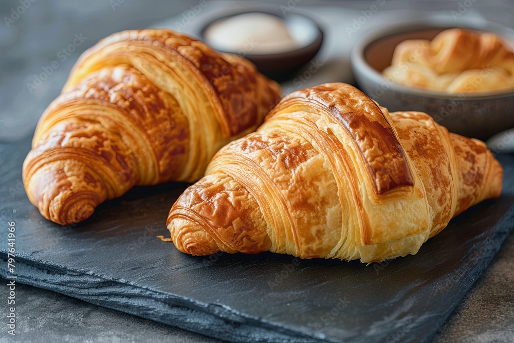 Golden Bakery Delights: Two Tasty Croissant Breakfast on Textured Dark Board