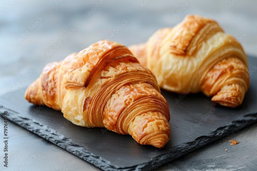 Tasty Croissant Breakfast: Two Golden Bakery Delights on Textured Dark Board