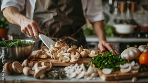 A chef in a modern kitchen is slicing oyster mushrooms on a cutting board