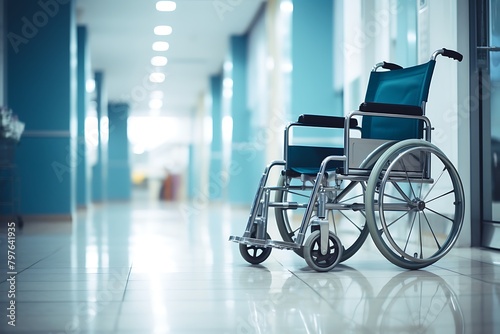 Empty wheelchair in hospital corridor. 3d rendering. Medical background.