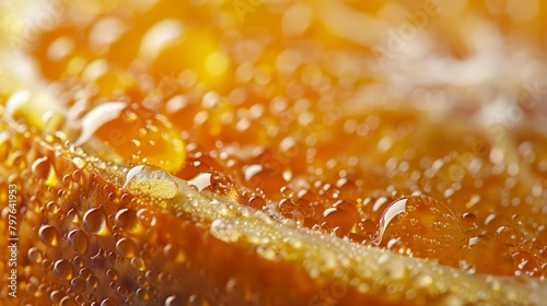 Close-up view of an orange slice with water drops on it, showcasing the vibrant colors and textures of the fruit