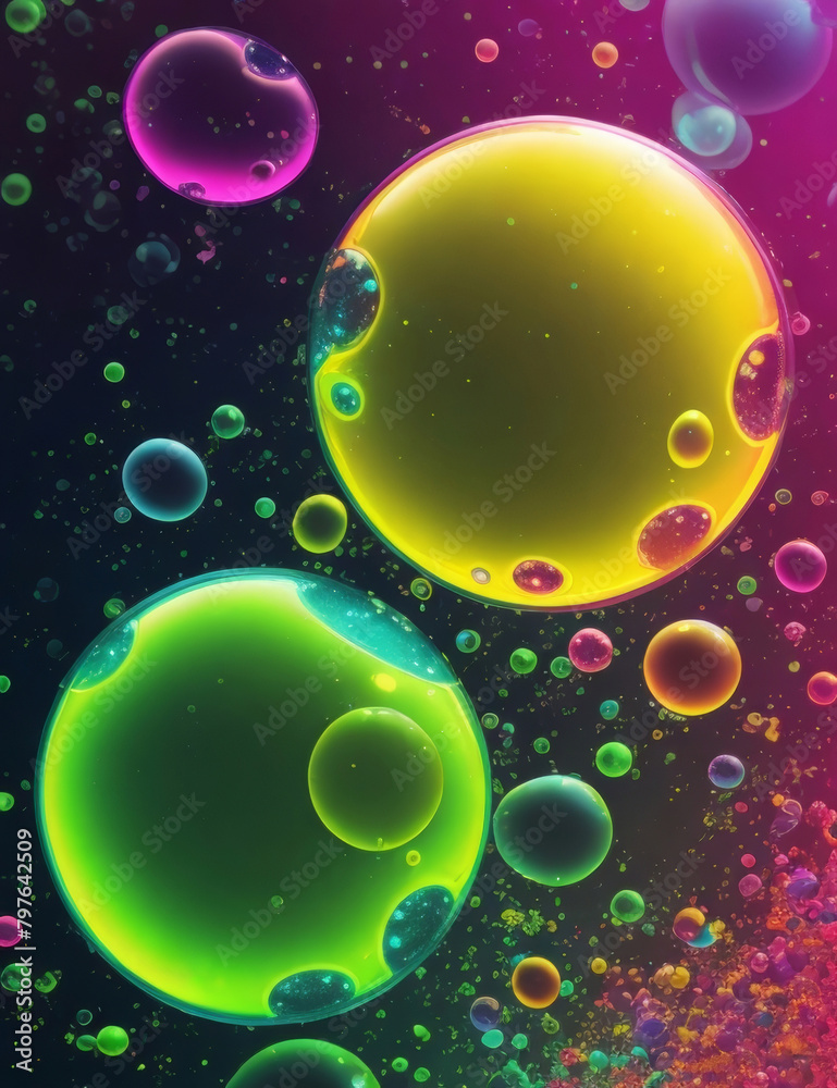 Fototapeta premium Neon bright circles, balls, bubbles, spheres, ovals. On a dark background.