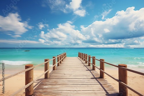 Wooden pier on tropical beach with turquoise water and blue sky © Creative