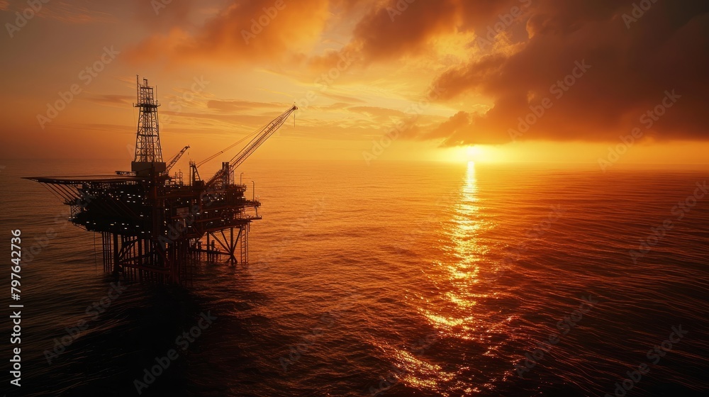 An offshore oil rig platform in the middle of the ocean during sunset, with the sun casting a warm glow on the structure