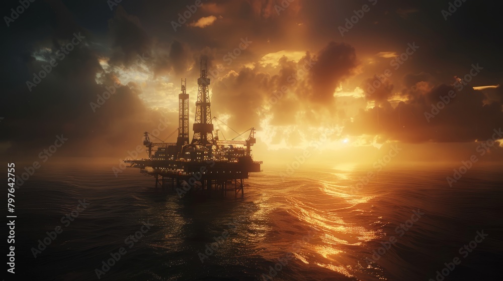 A wide-angle shot of an offshore oil rig platform standing alone in the vast ocean, illuminated by the last rays of sun