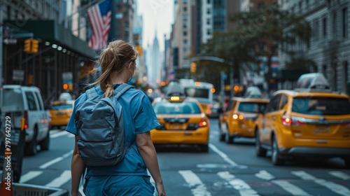 A female nurse in scrubs walks down a bustling city street during rush hour, carrying a backpack
