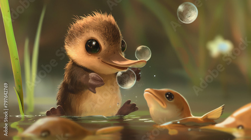 A baby platypus is blowing bubbles underwater next to a curious fish.