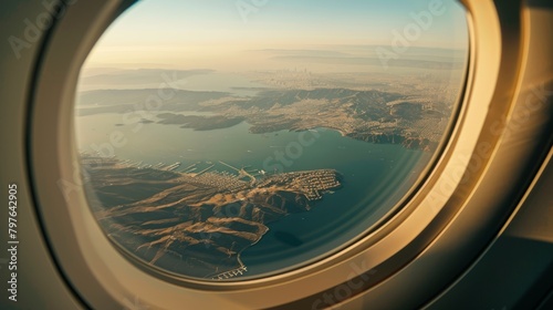 View from airplane window showing body of water below © Ilia Nesolenyi