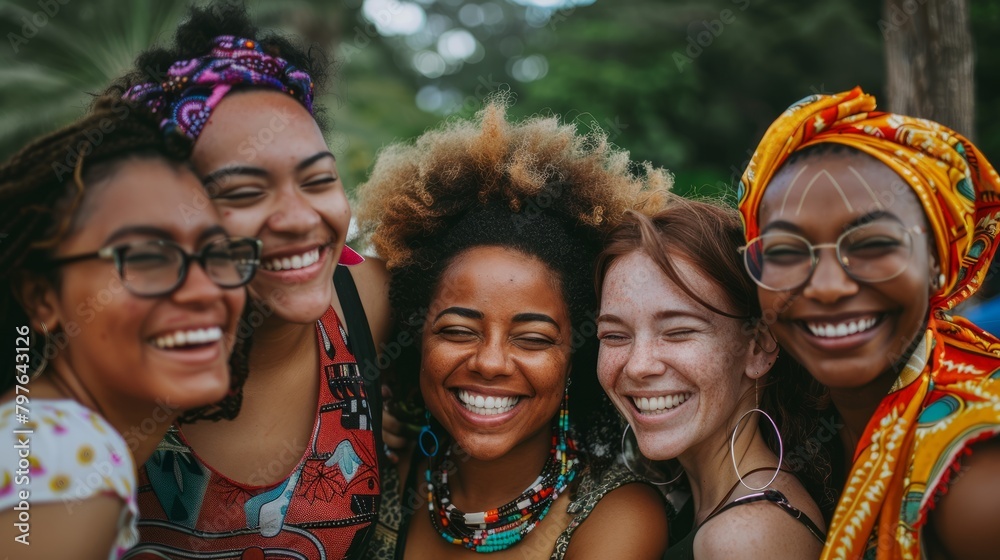 A group of women from different cultural backgrounds standing next to each other, embracing and smiling in unity on International Day of Friendship