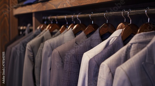 Formal suits hanging in the men's maison.