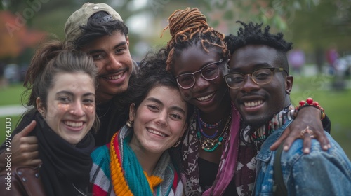 A diverse group of friends from different cultural backgrounds standing next to each other, embracing and smiling together in a heartwarming moment of friendship photo