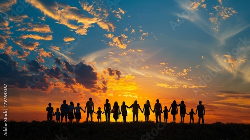 Collection of people with varied backgrounds clasping hands in front of the setting sun
