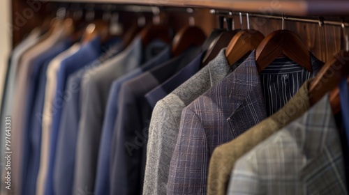 Formal suits hanging in the men's maison.