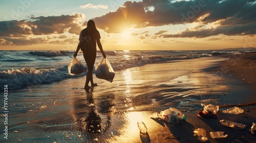 A woman walking on the beach at sunset, picking up trash and carrying bags along the shore photo