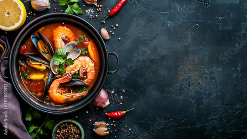 Rustic Seafood Soup on Dark background
