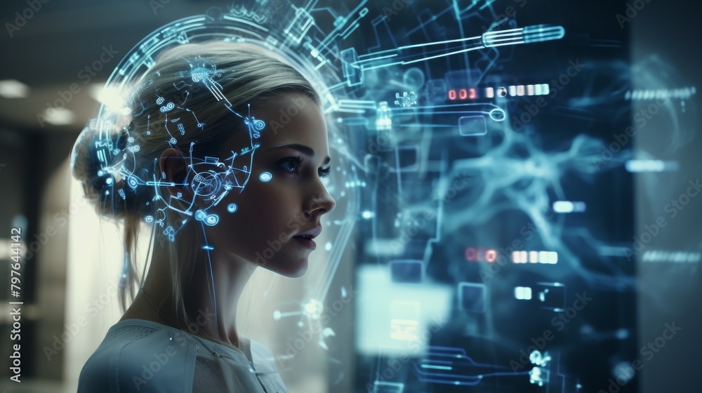 A beautiful woman with blonde hair and blue eyes. She is wearing a white lab coat and standing in a futuristic laboratory. She is looking at a hologram of a human brain. A beautiful woman with blonde hair and blue eyes. She is wearing a white lab coat and standing in a futuristic laboratory. She is looking at a hologram of a human brain.
