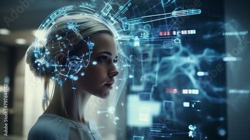 A beautiful woman with blonde hair and blue eyes. She is wearing a white lab coat and standing in a futuristic laboratory. She is looking at a hologram of a human brain. #797644142