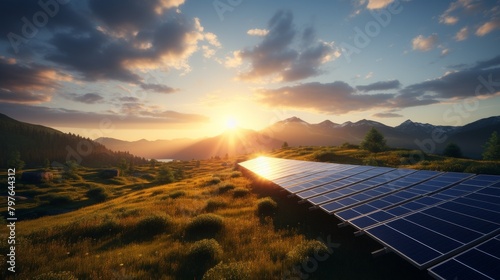 A field of solar panels in the mountains at sunset. photo